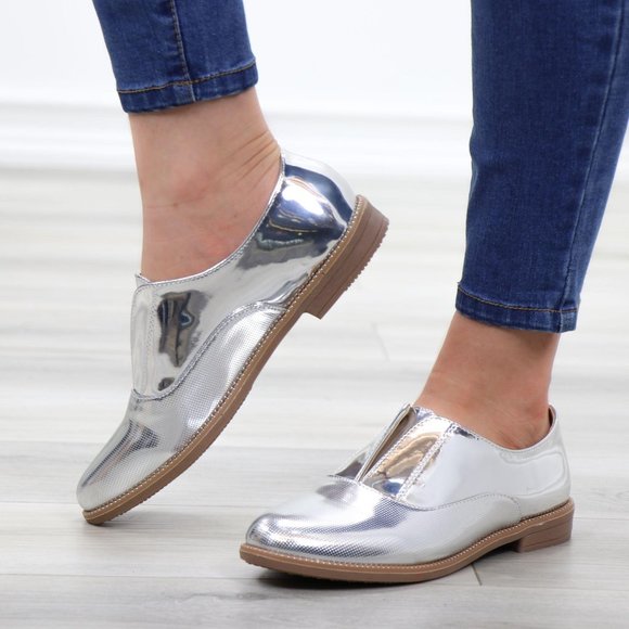 Silver Patent Flat Slip On Oxford Loafers - Picture 13 of 15